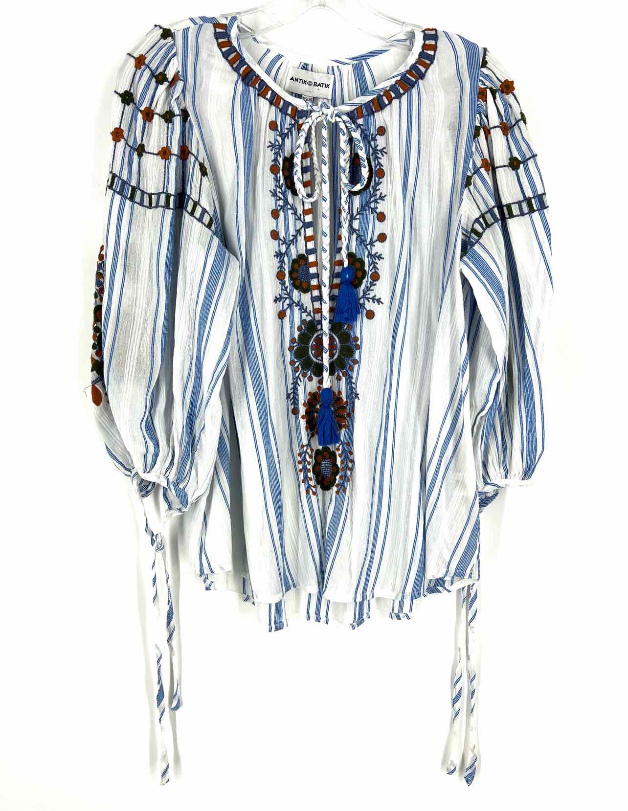 Antik Batik Size XS White/Multi Stripe Embroidered Designer Top-3/4 Sleeve