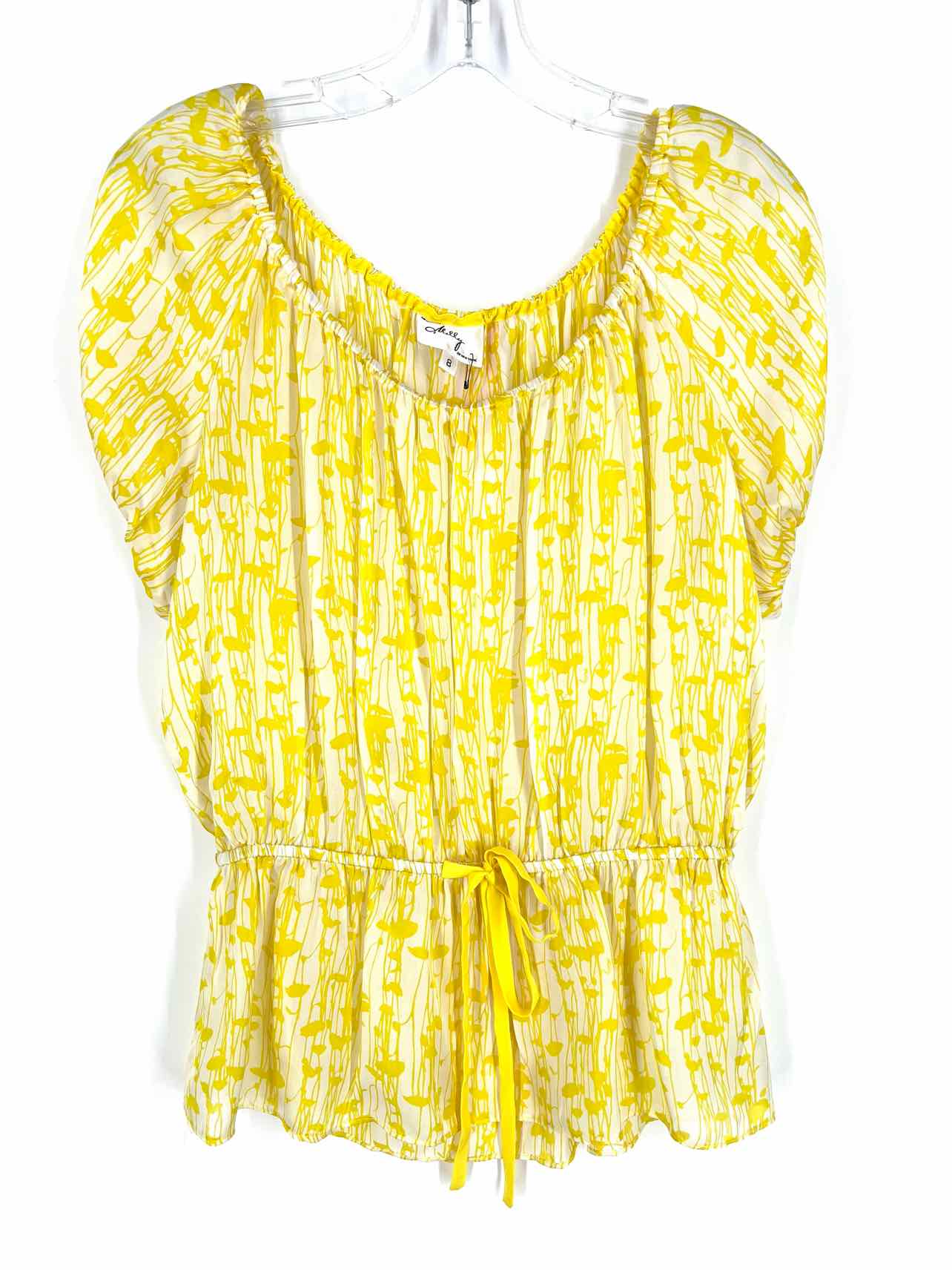 Milly Size 8 White/Yellow Print Silk Designer Top-Short Sleeve